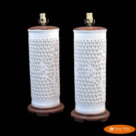 Pair of Large Greek Key Floral Ceramic Tables Lamps