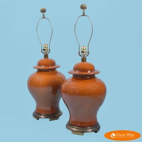 Pair of Large Pagoda Brown Table Lamps