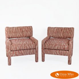 Pair of Low Profile Palm Frond Upholstered Club Chairs