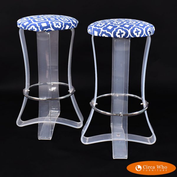 Pair of Lucite Bar Stools with blue upholstery in nice vintage condition