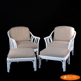 Pair of McGuire Style White Lounge Chairs With Ottoman