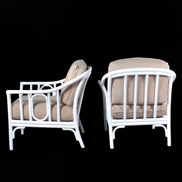 Pair of McGuire Style White Lounge Chairs With Ottoman
