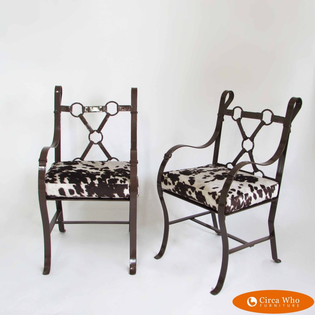 Pair of Bridle Hermes Style Metal Arm Chairs Circa Who