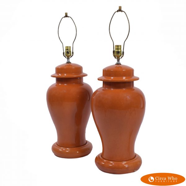 Pair of Mid Century Ceramic Orange Lamps