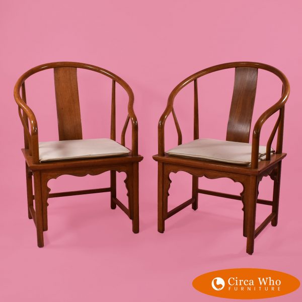 Pair of Ming style chairs by baker natural color with white upholstery