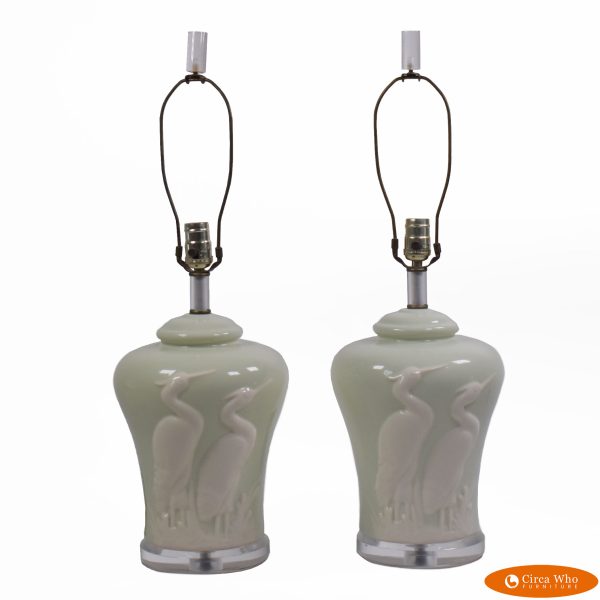 Pair of Mint Crane Lamps With Lucite