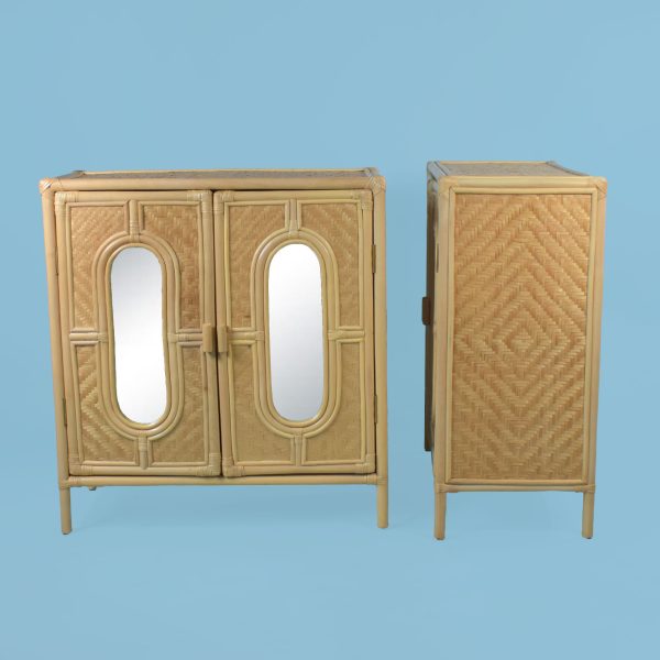 Pair of Mirrored Rattan and Wrapped Rattan Mirrored Nightstands