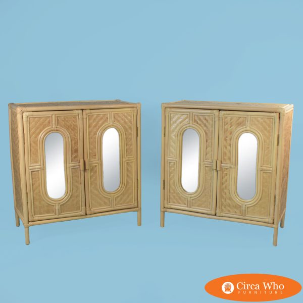 Pair of Mirrored Rattan and Wrapped Rattan Mirrored Nightstands