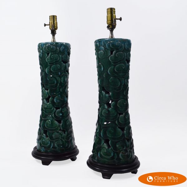 Pair of ceramic lamps with a modernist vintage style condition dark green color on it