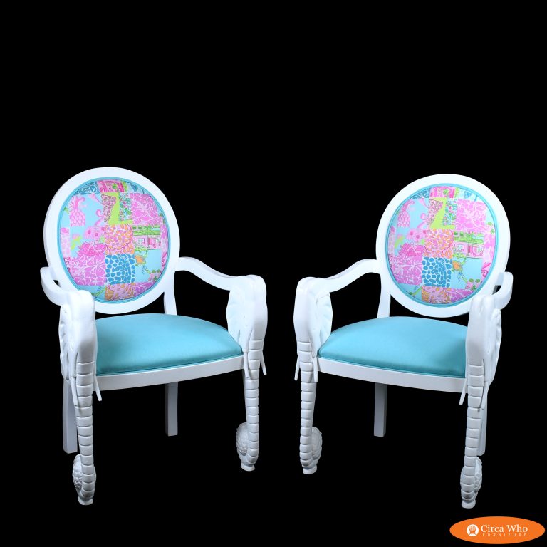 Pair of Newly Lacquered Elephant Chairs Upholstered in Lilly Pulitzer Fabric