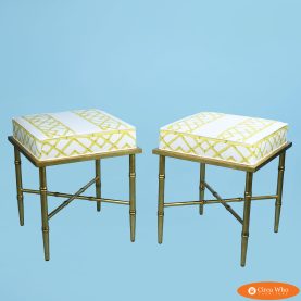 Pair of Newly Upholstered Gold Leaf Faux Bamboo Ottomans