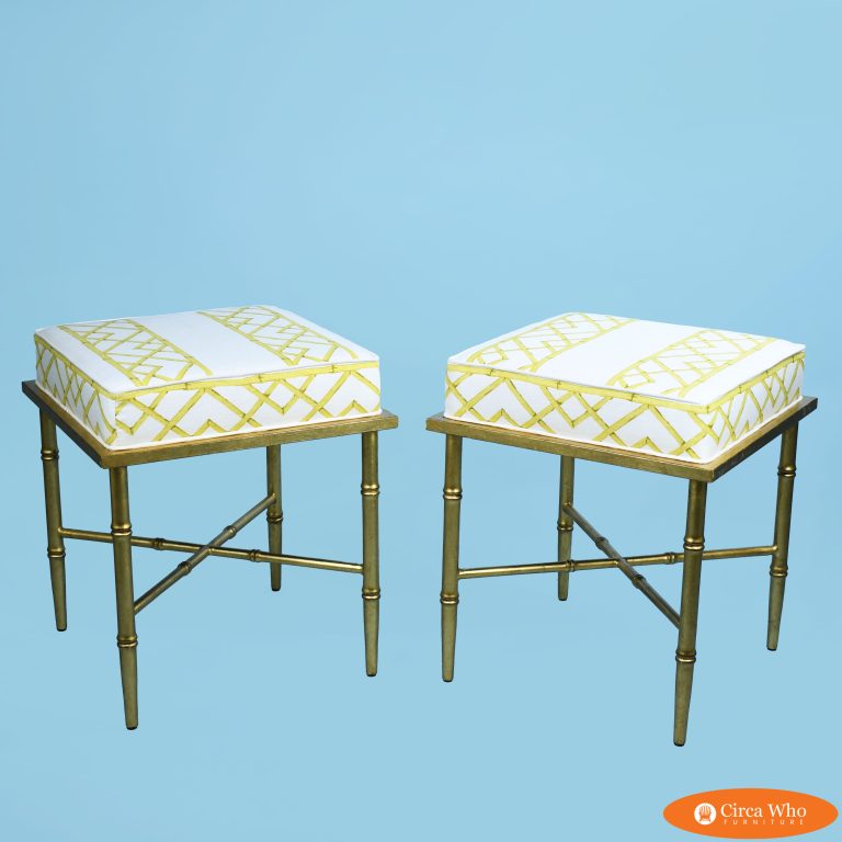 Pair of Newly Upholstered Gold Leaf Faux Bamboo Ottomans