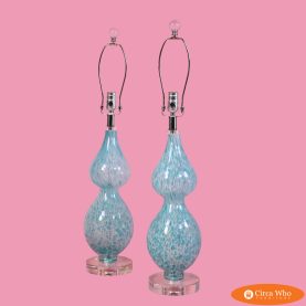 Pair of Opaline Glass in Lucite Table Lamps
