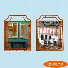Pair of Orange Pagoda Mirrors  in nice as found vintage condition. There are minor scuffs, scrapes and wear to the as found finish.
