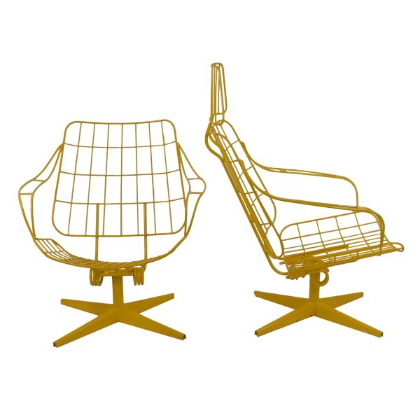 Pair of Outdoor Yellow Swivel Chairs With Ottoman