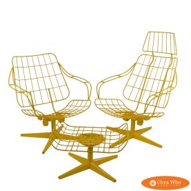 Pair of Outdoor Yellow Swivel Chairs With Ottoman