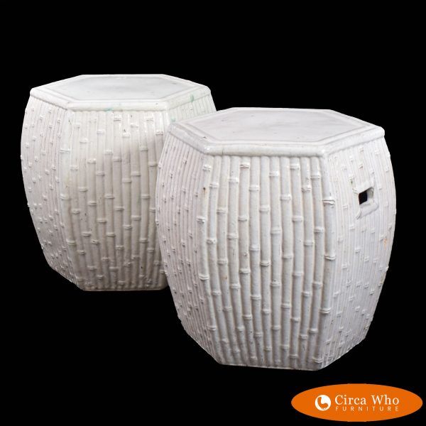 Pair of Oversize Faux Bamboo White Hexagonal Garden Seats