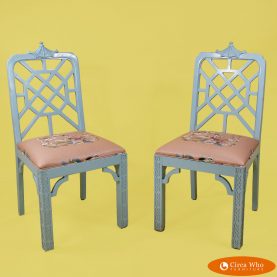 Pair of pagoda fretwork chairs color blue new upholstery