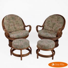 Pair of Papasan Swivel Chairs With Ottomans