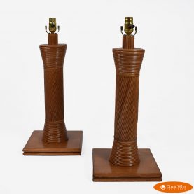 Pair of brown pencil reed table lamps