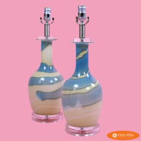 Pair of Cream and Blue on Lucite Lamps