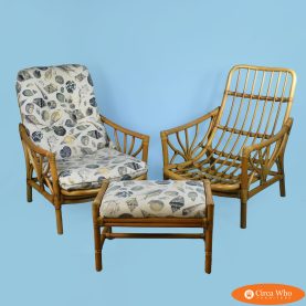 Pair of Rattan Lounge Chairs and Ottoman By McGuire