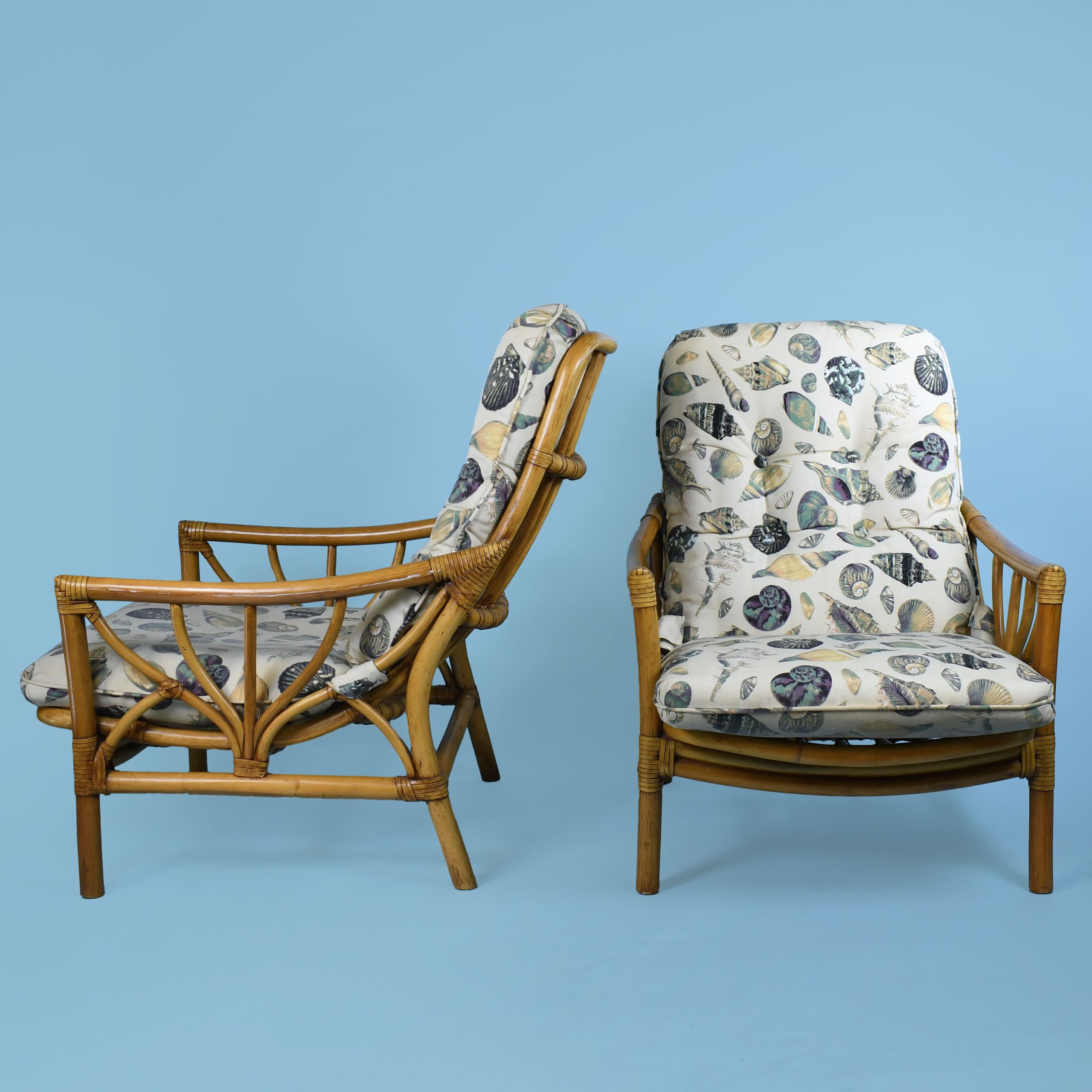 Pair of Rattan Lounge Chairs and Ottoman By McGuire