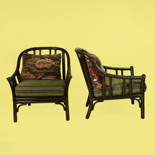 Pair of Rattan Lounge Chairs and Ottomans by McGuire