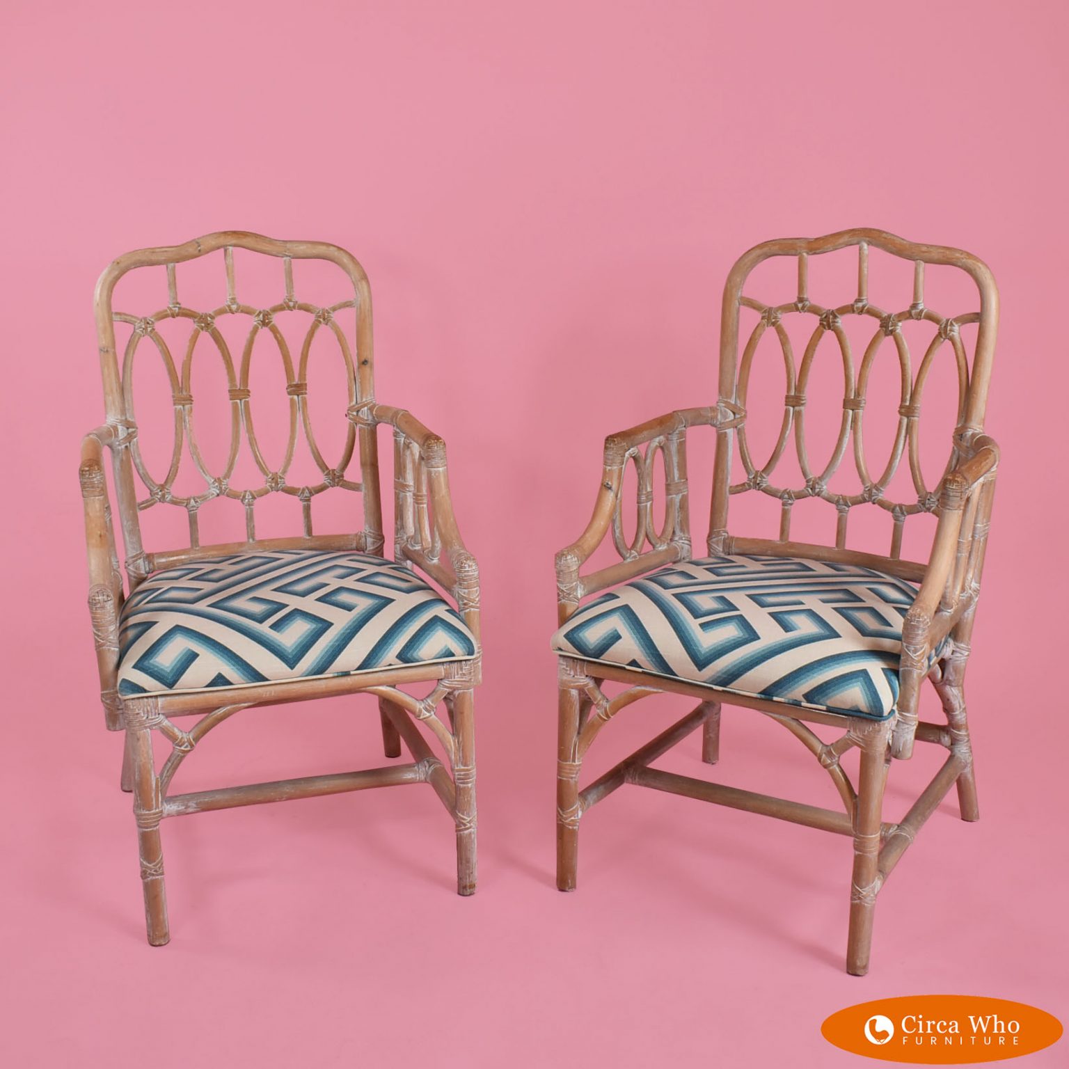 Pair of Rattan Open Back Arm Chairs Circa Who