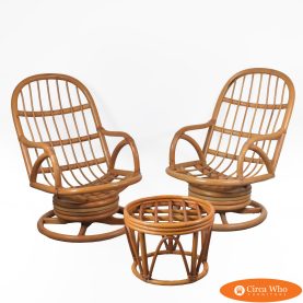 Pair of Rattan Papasan Chairs With Ottoman