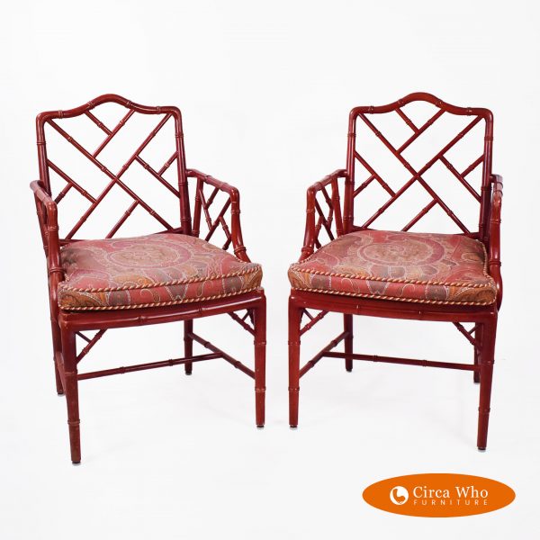 Pair of Red Chippendale Arm Chairs