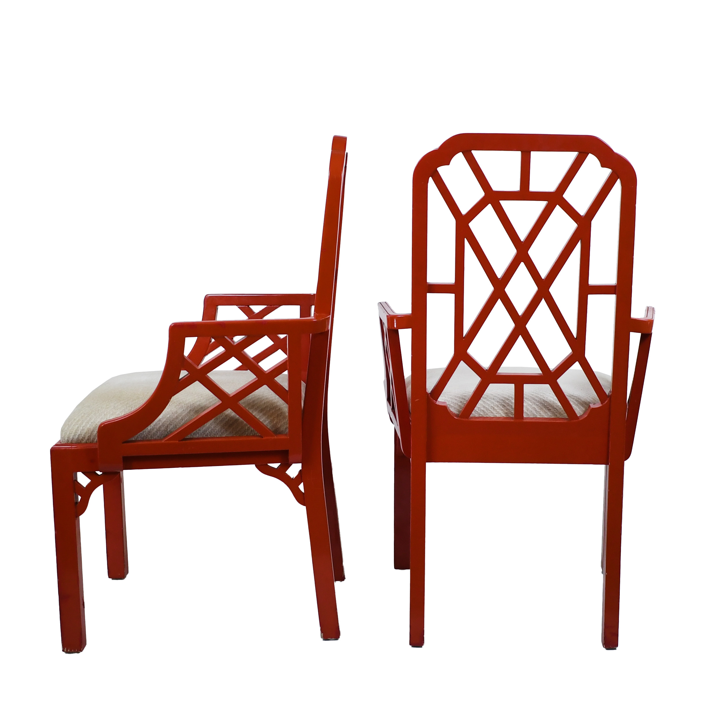 Pair of Red Fretwork Arm Chairs