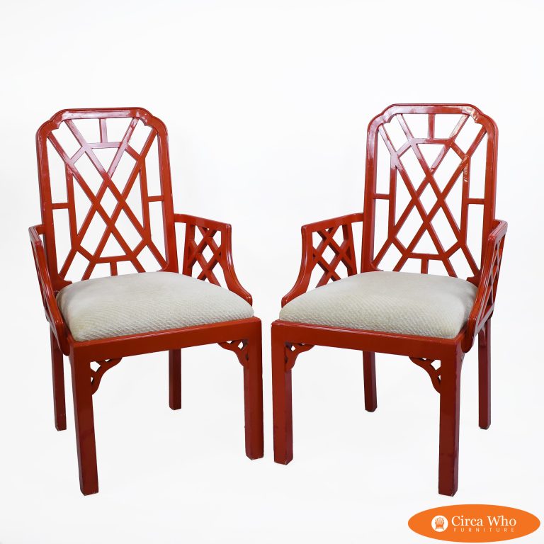 Pair of Red Fretwork Arm Chairs