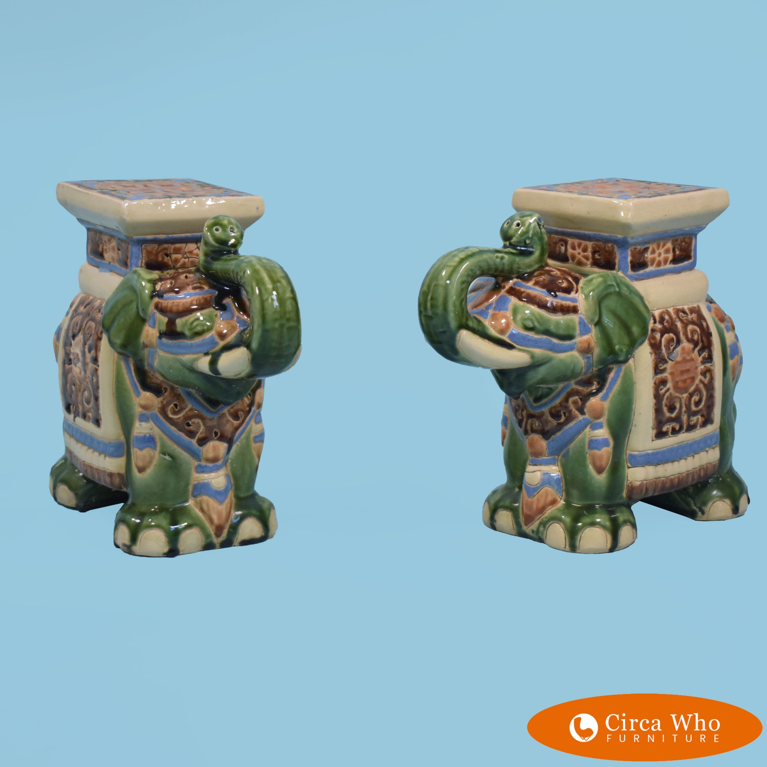 Pair of Small Green Ceramic Elephants