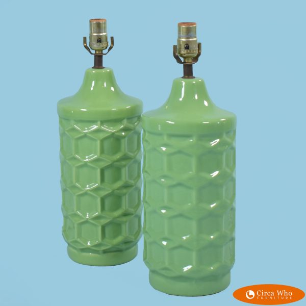 Pair of Small Green Geometric Ceramic Tables Lamps