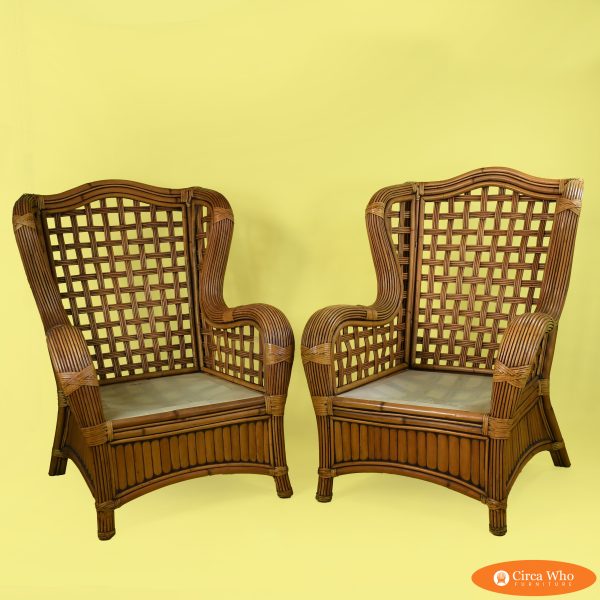 Pair of Split Bamboo and Pencil Reed Lounge Chairs