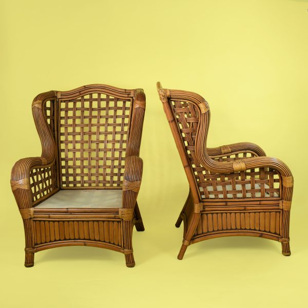 Pair of Split Bamboo and Pencil Reed Lounge Chairs