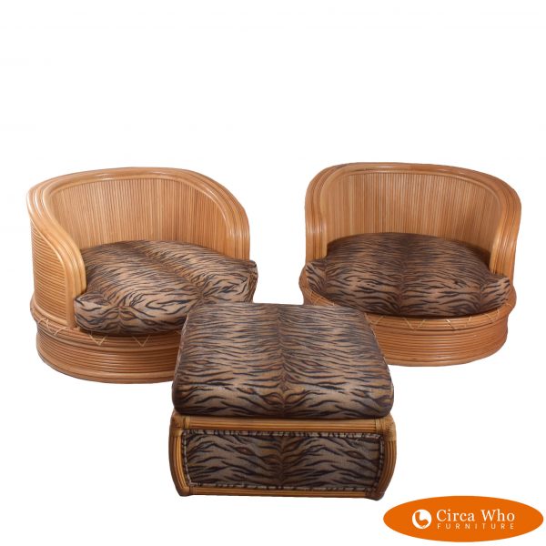 Pair of Split Rattan Swivel Lounges Chairs With Ottoman