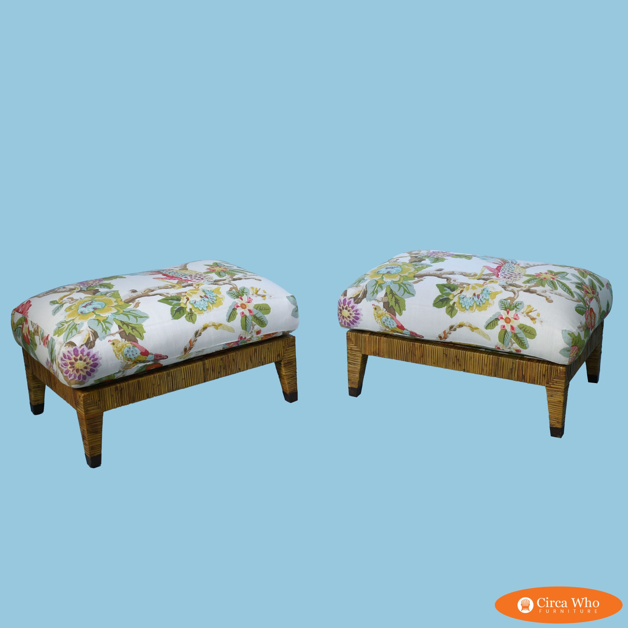 Pair of St Germaine Rattan Wrapped Ottomans by McGuire