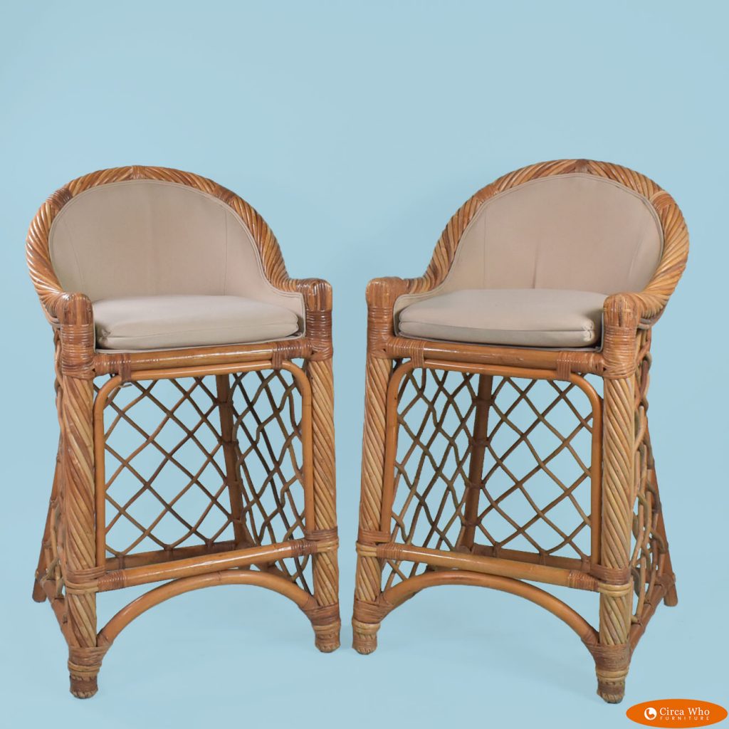 Pair of Twisted Rattan Bar Stools Circa Who