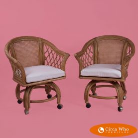 Pair of Twisted Rattan Chairs in Casters
