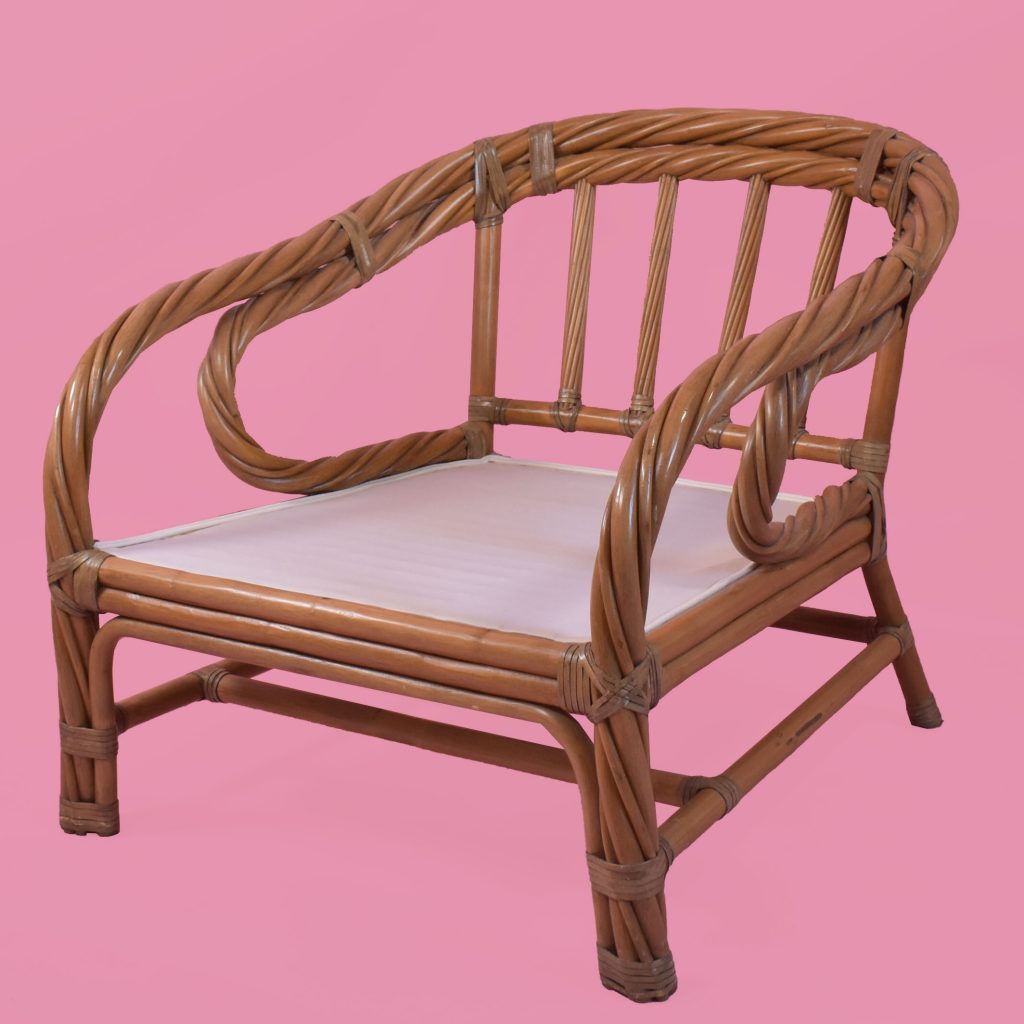 Pair of Twisted Rattan Chairs with Ottoman Circa Who