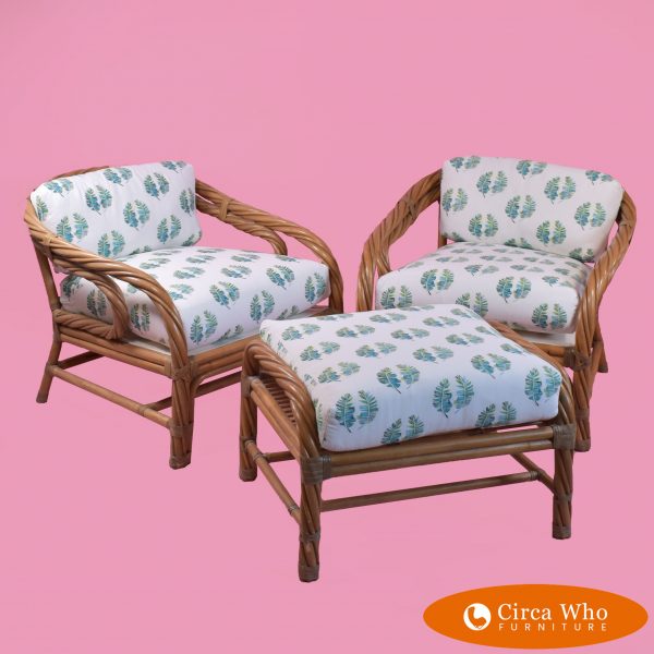 Pair of Twisted Rattan Chairs with Ottoman