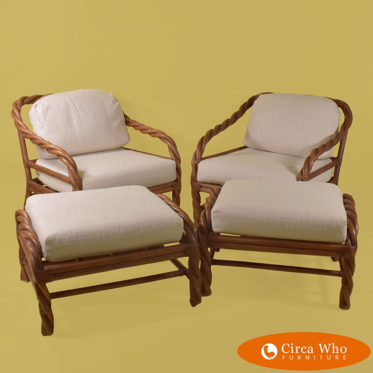 Pair of Twisted Rattan Club Chairs With Ottomans Circa Who