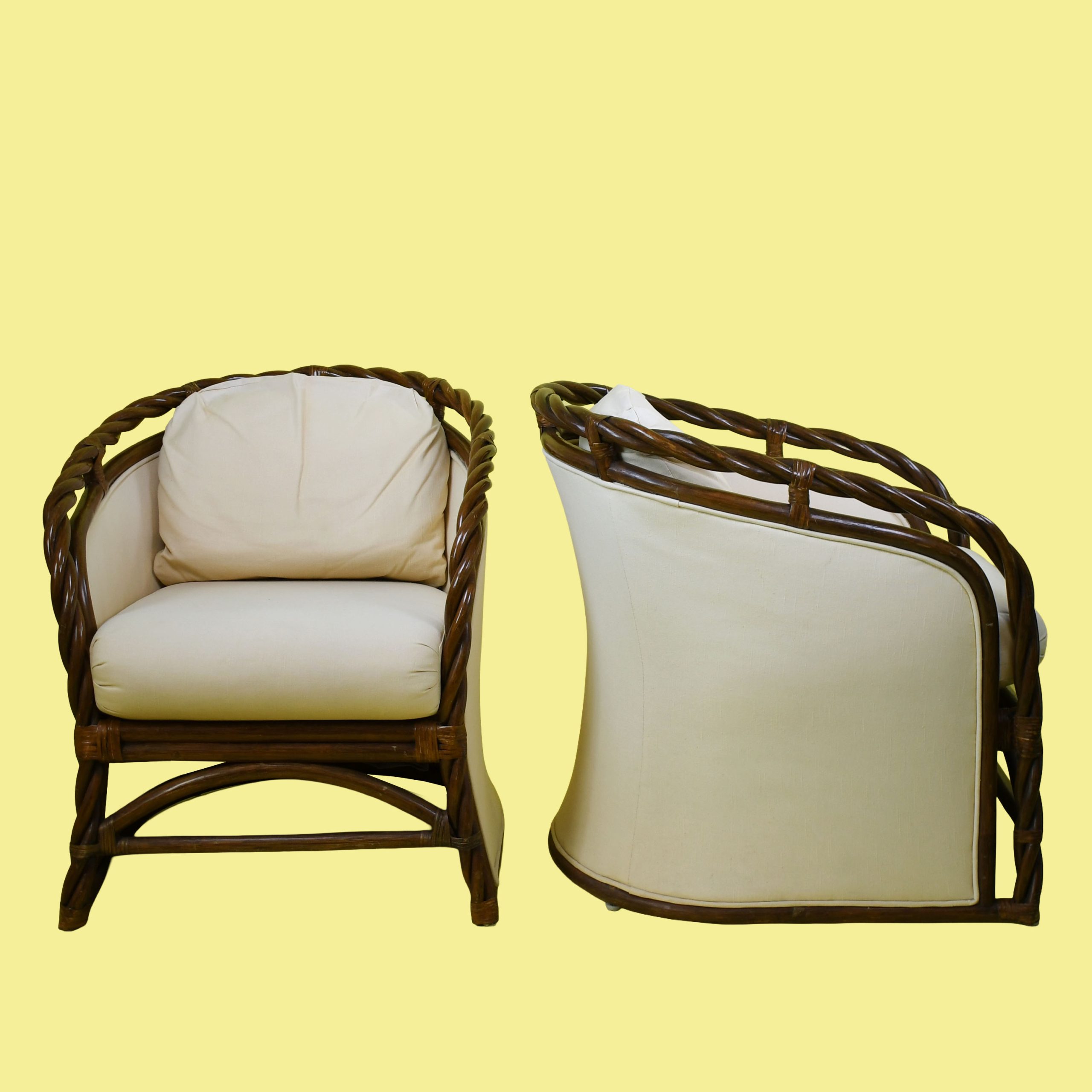 Pair of Twisted Rattan Upholstered Lounge Chairs