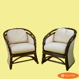 Pair of Twisted Rattan Upholstered Lounge Chairs