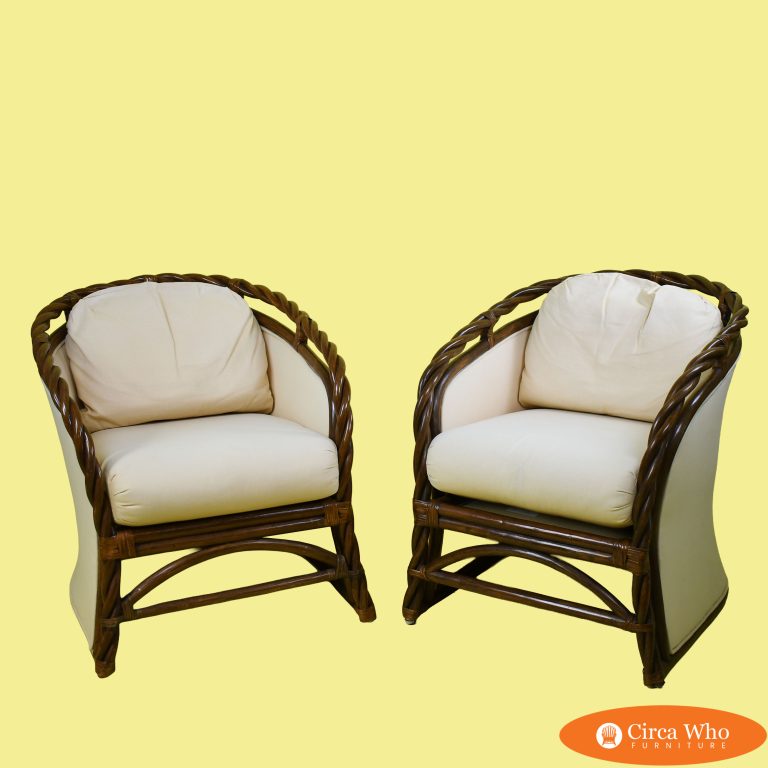 Pair of Twisted Rattan Upholstered Lounge Chairs