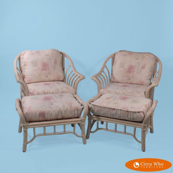 Pair of Twisted Reed Club Chairs With Ottoman