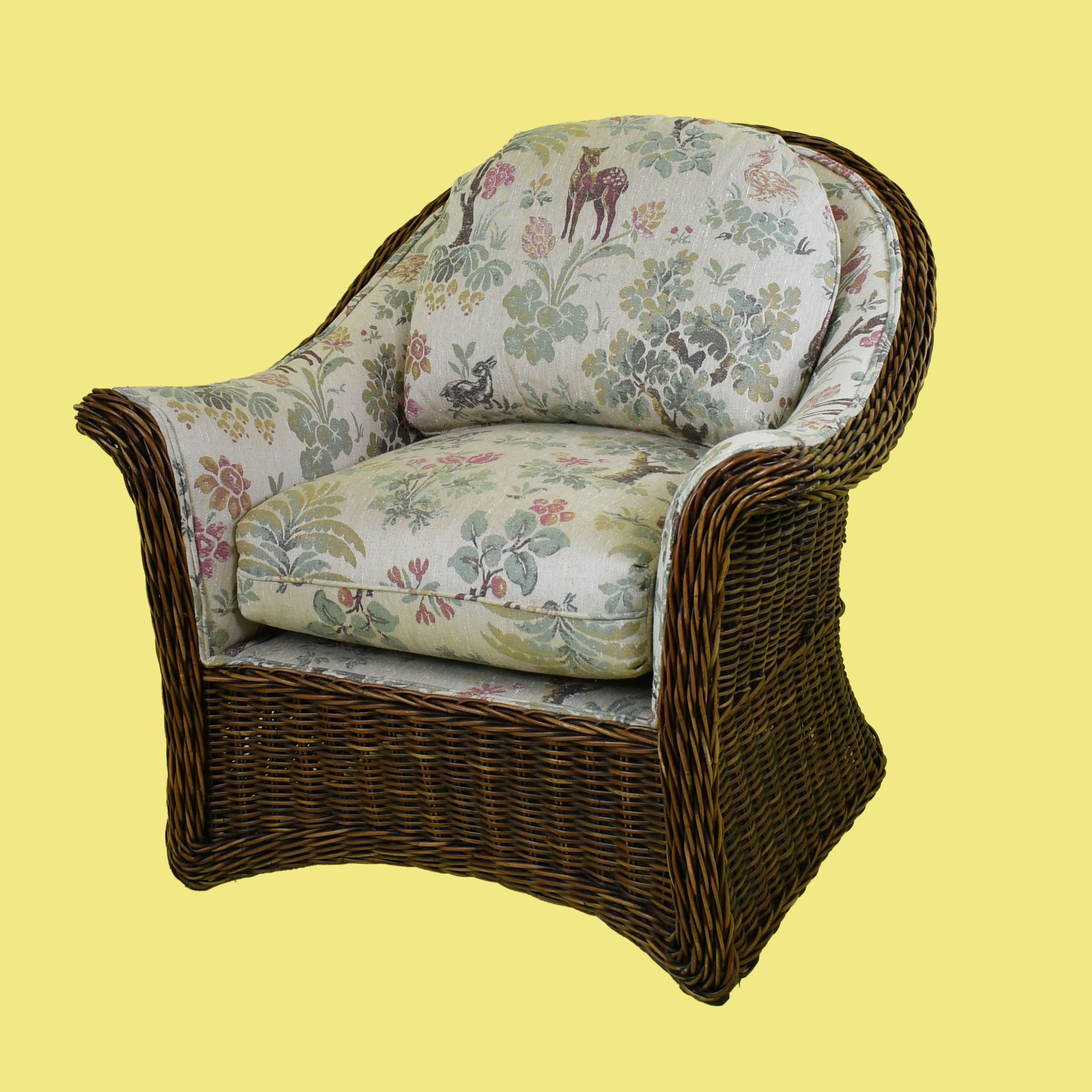 Pair of Upholstered Woven Rattan Chairs and Ottomans