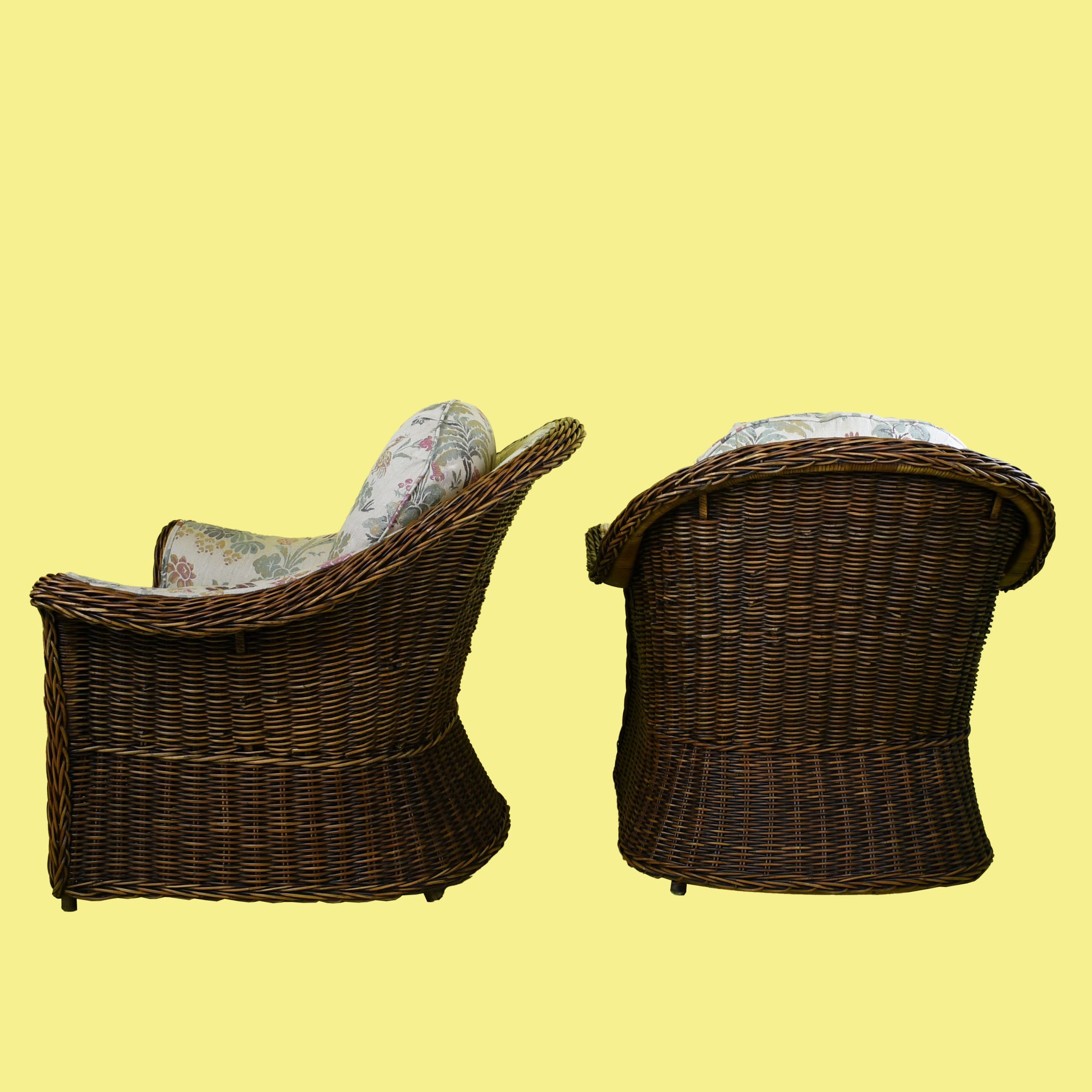 Pair of Upholstered Woven Rattan Chairs and Ottomans
